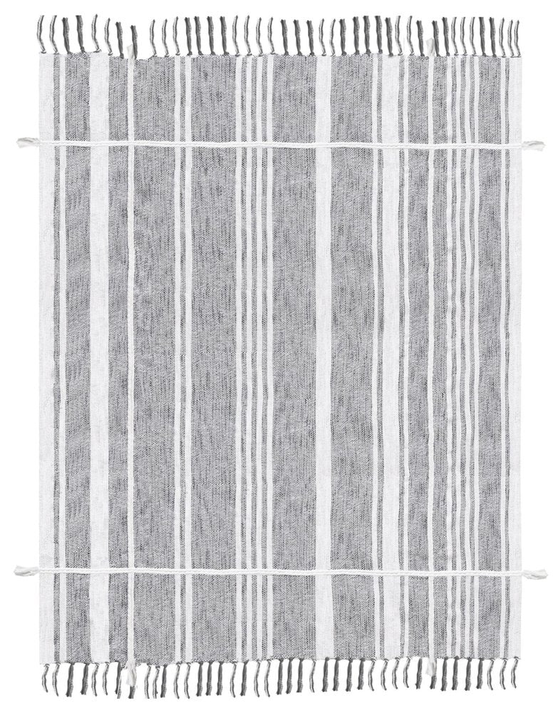 50" X 60" Gray and White Kantha Cotton Striped Throw Blanket with Embroidery