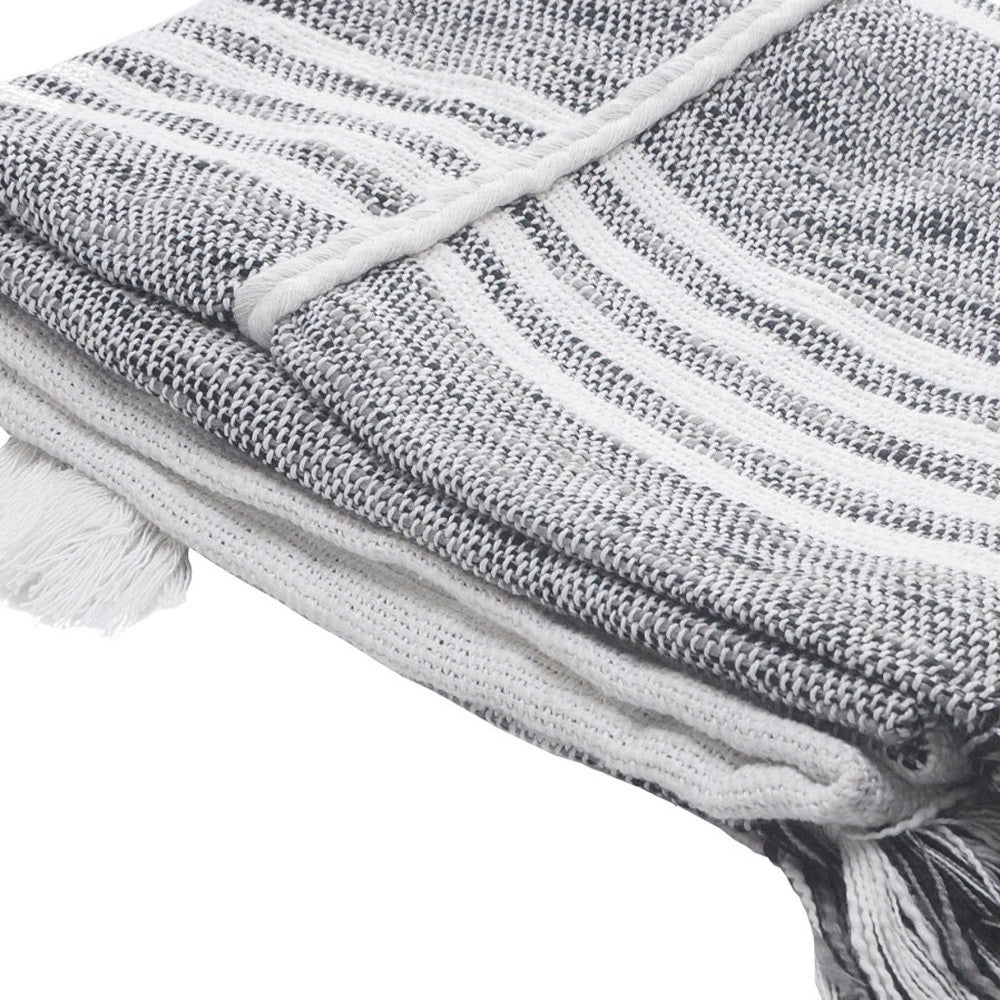 50" X 60" Gray and White Kantha Cotton Striped Throw Blanket with Embroidery