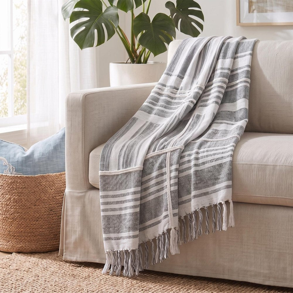 50" X 60" Gray and White Kantha Cotton Striped Throw Blanket with Embroidery