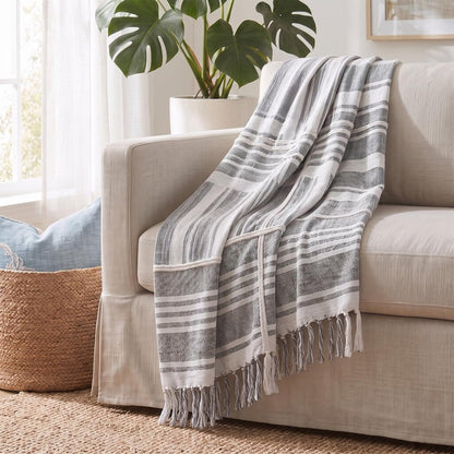 50" X 60" Gray and White Kantha Cotton Striped Throw Blanket with Embroidery