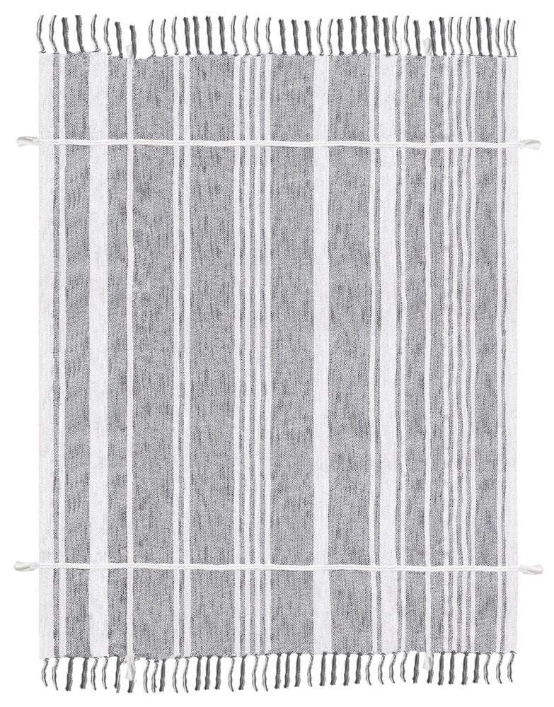 50" X 60" Gray and White Kantha Cotton Striped Throw Blanket with Embroidery