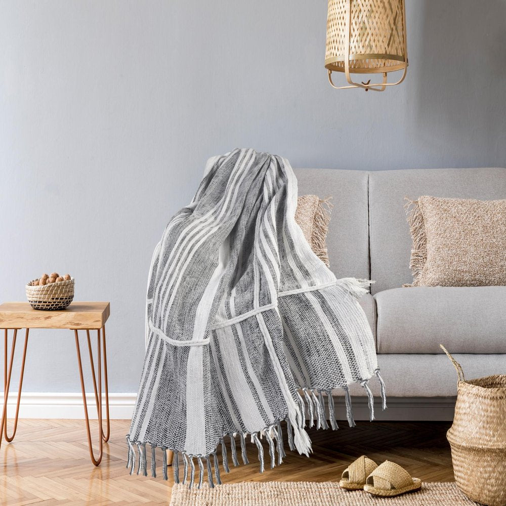 50" X 60" Gray and White Kantha Cotton Striped Throw Blanket with Embroidery