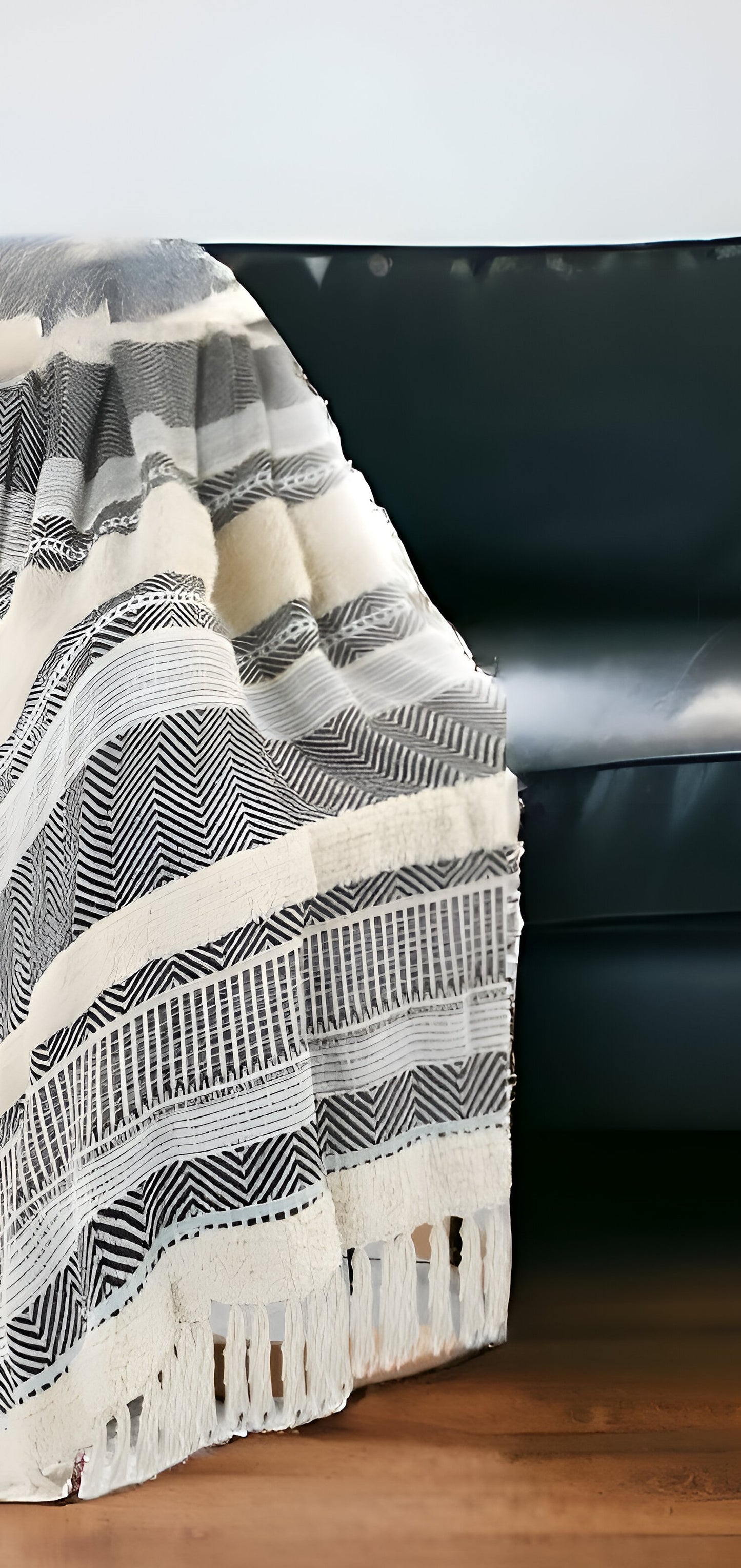 60" X 50" Cream Woven Cotton Herringbone Throw Blanket with Fringe