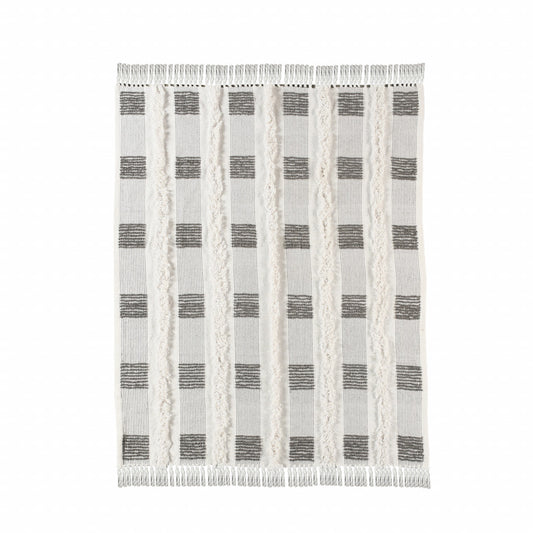 60" X 50" Gray and White Woven Cotton Checkered Throw Blanket with Fringe