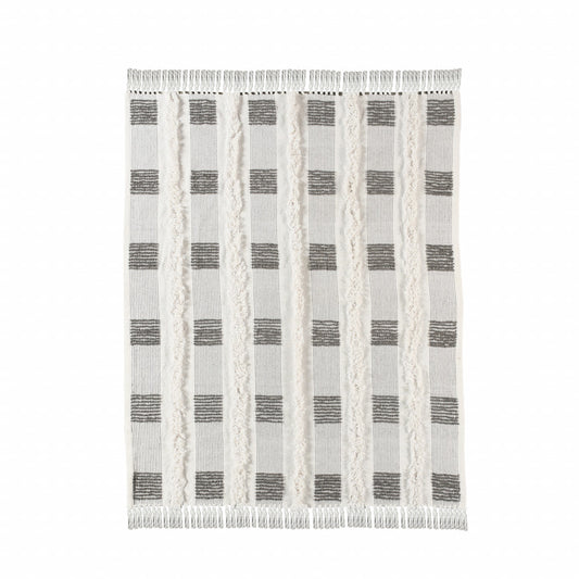 Gray and White Woven Cotton Checkered Throw Blanket