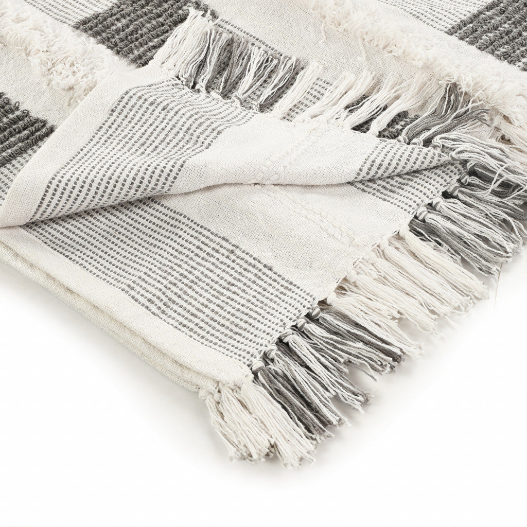 Gray and White Woven Cotton Checkered Throw Blanket