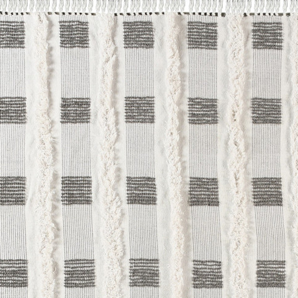 60" X 50" Gray and White Woven Cotton Checkered Throw Blanket with Fringe