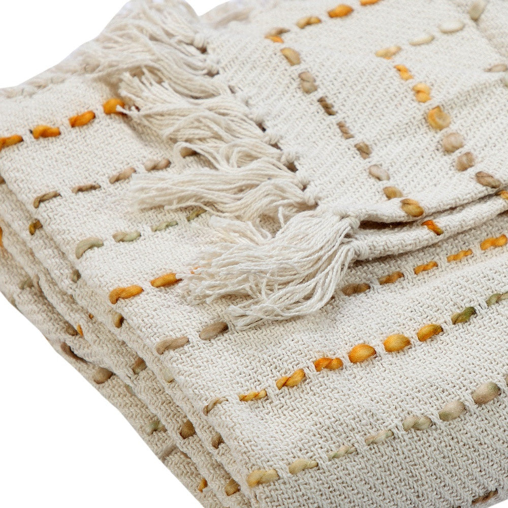 Cream Woven Cotton Striped Throw Blanket