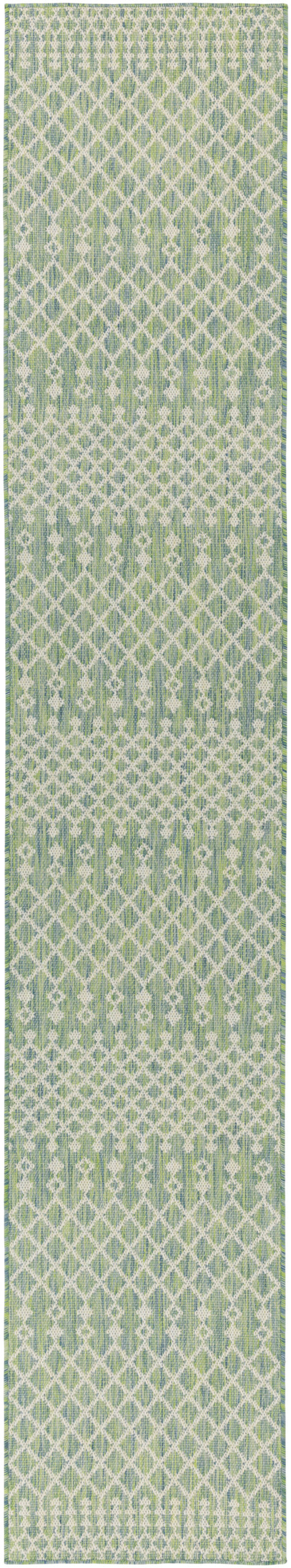 Green and white woven rug runner with a diamond lattice pattern, long hallway rug.