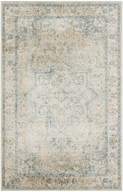 Rectangular distressed blue-gray & ivory area rug with faded traditional medallion pattern & decorative border.