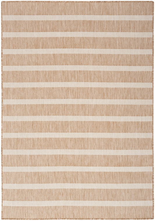 Beige woven rug with wide cream horizontal stripes, natural jute texture, rectangular, casual coastal living room style.