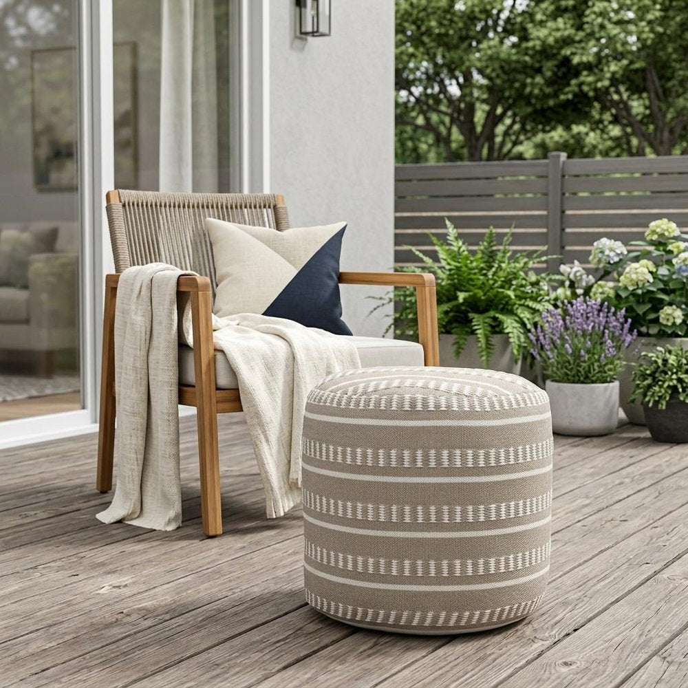 20" Orange Polyester Round Striped Indoor Outdoor Pouf Ottoman