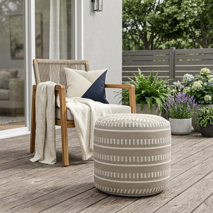 20" Orange Polyester Round Striped Indoor Outdoor Pouf Ottoman