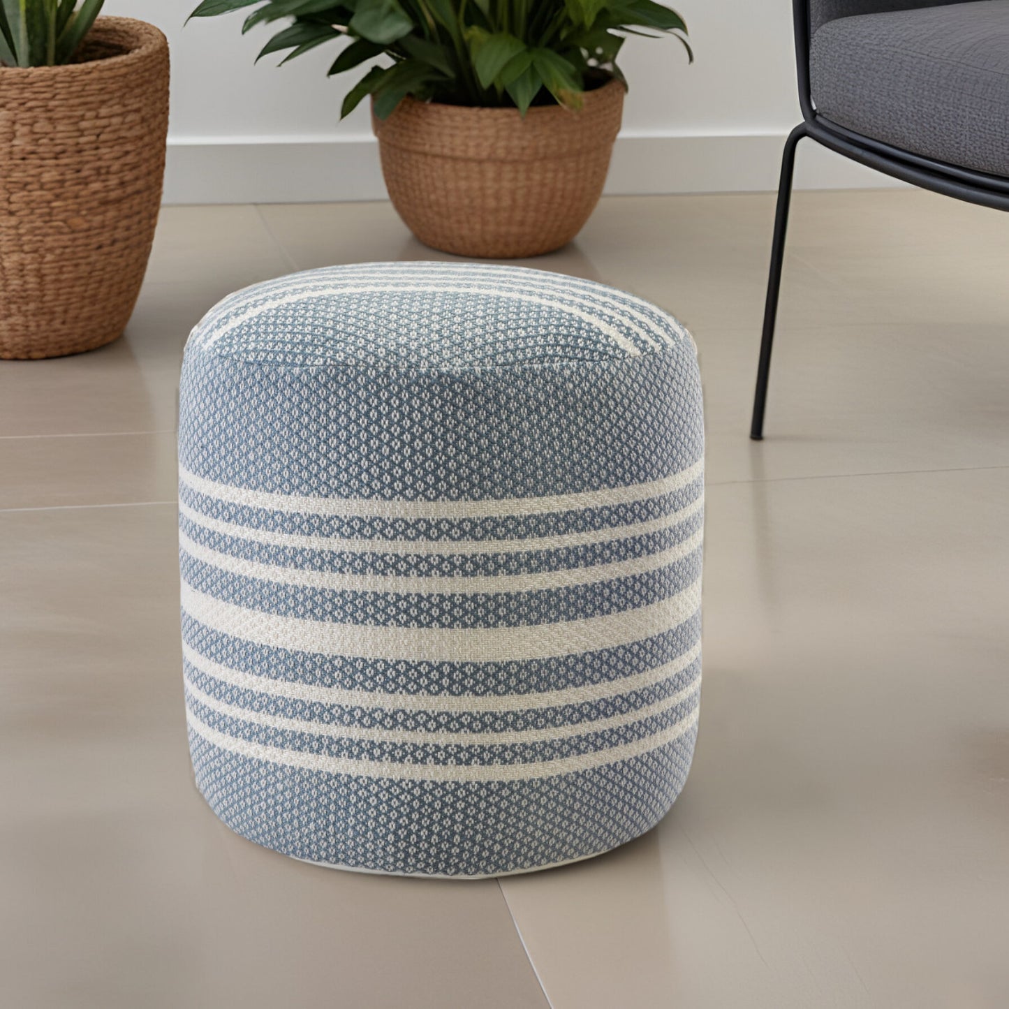 20" Blue Polyester Round Striped Indoor Outdoor Pouf Ottoman