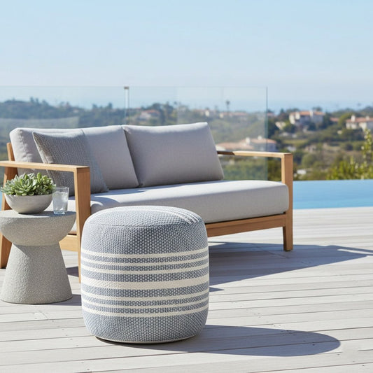 20" Blue Polyester Round Striped Indoor Outdoor Pouf Ottoman