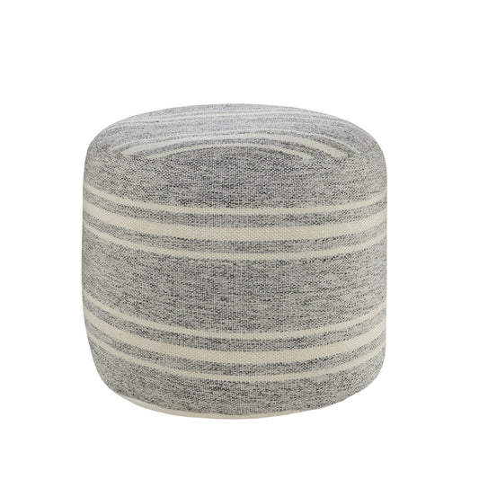 18" Gray Polyester Round Striped Indoor Outdoor Pouf Ottoman