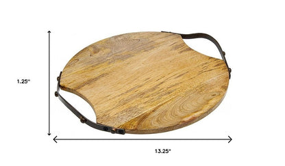 13" Natural Brown Round Wood and Metal Tray