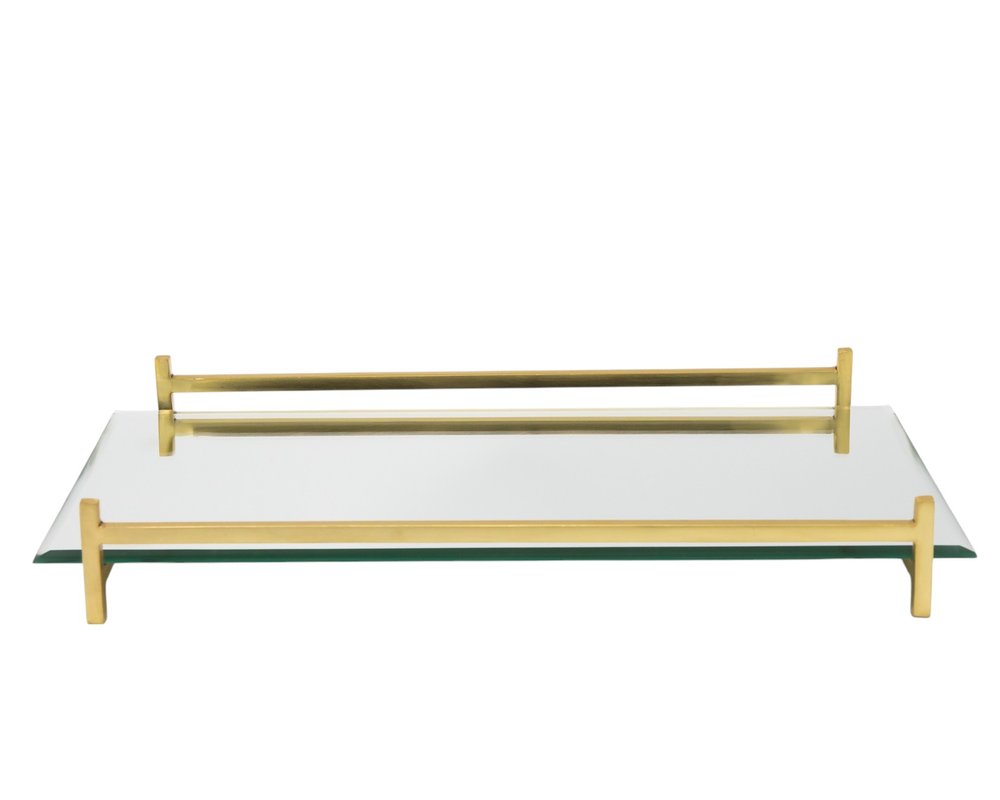 16" Mirror and Gold Rectangular Glass Vanity Tray
