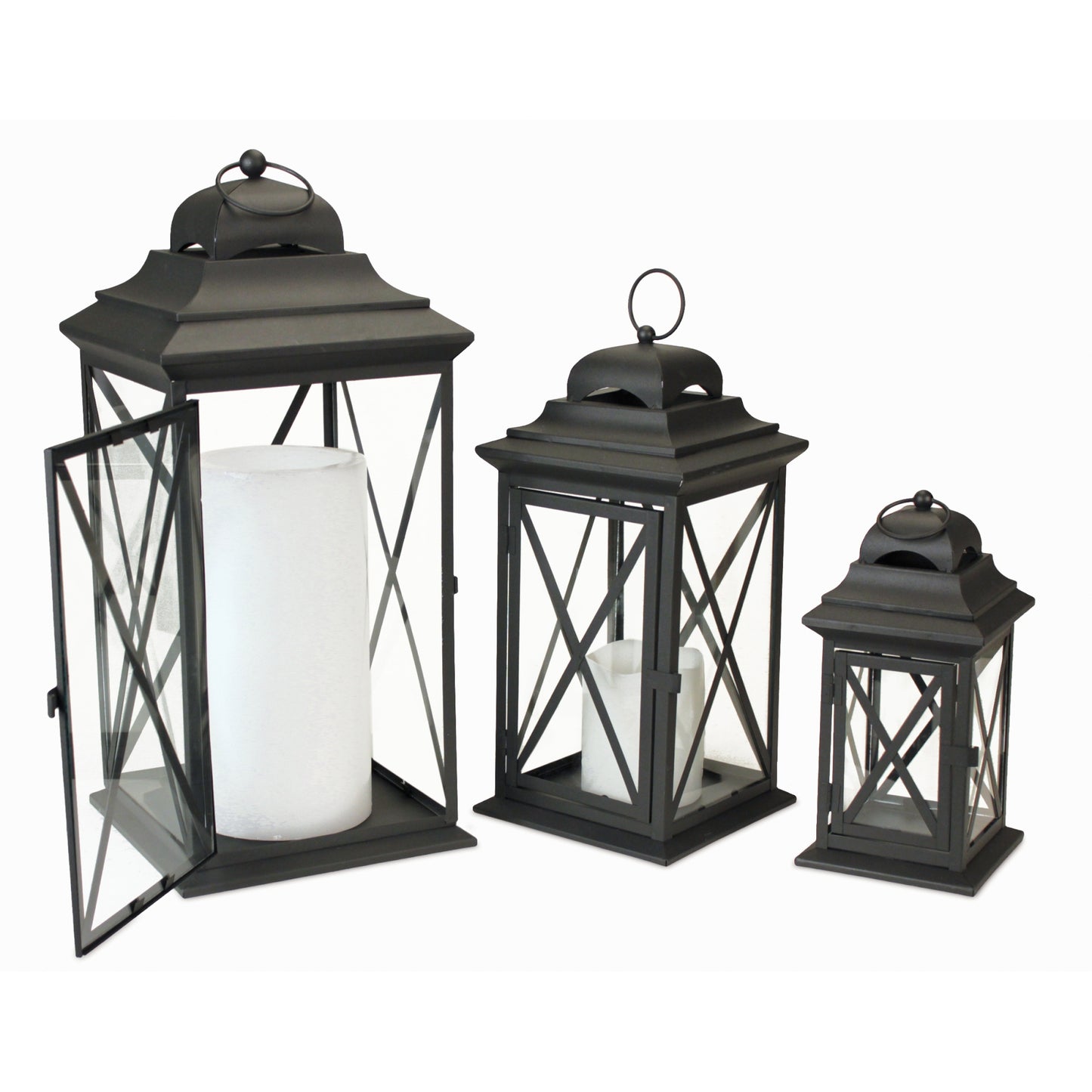 Set Of Three Black Flameless Floor Lantern Candle Holder