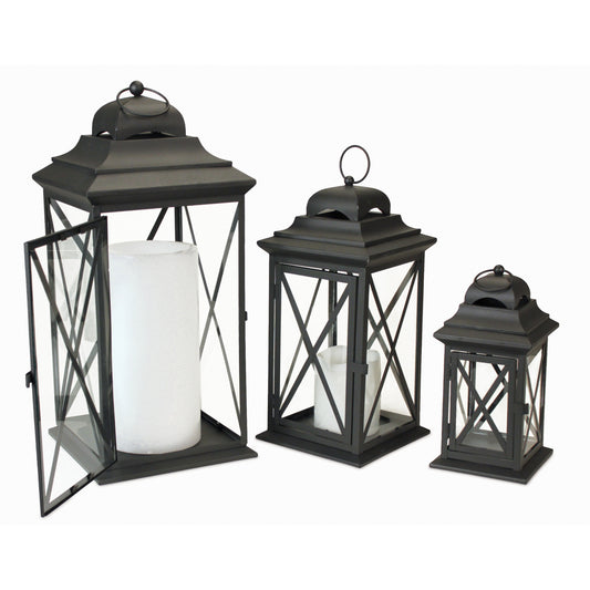 Set of Three Black Iron and Glass Geometric Floor Lantern Candle Holders