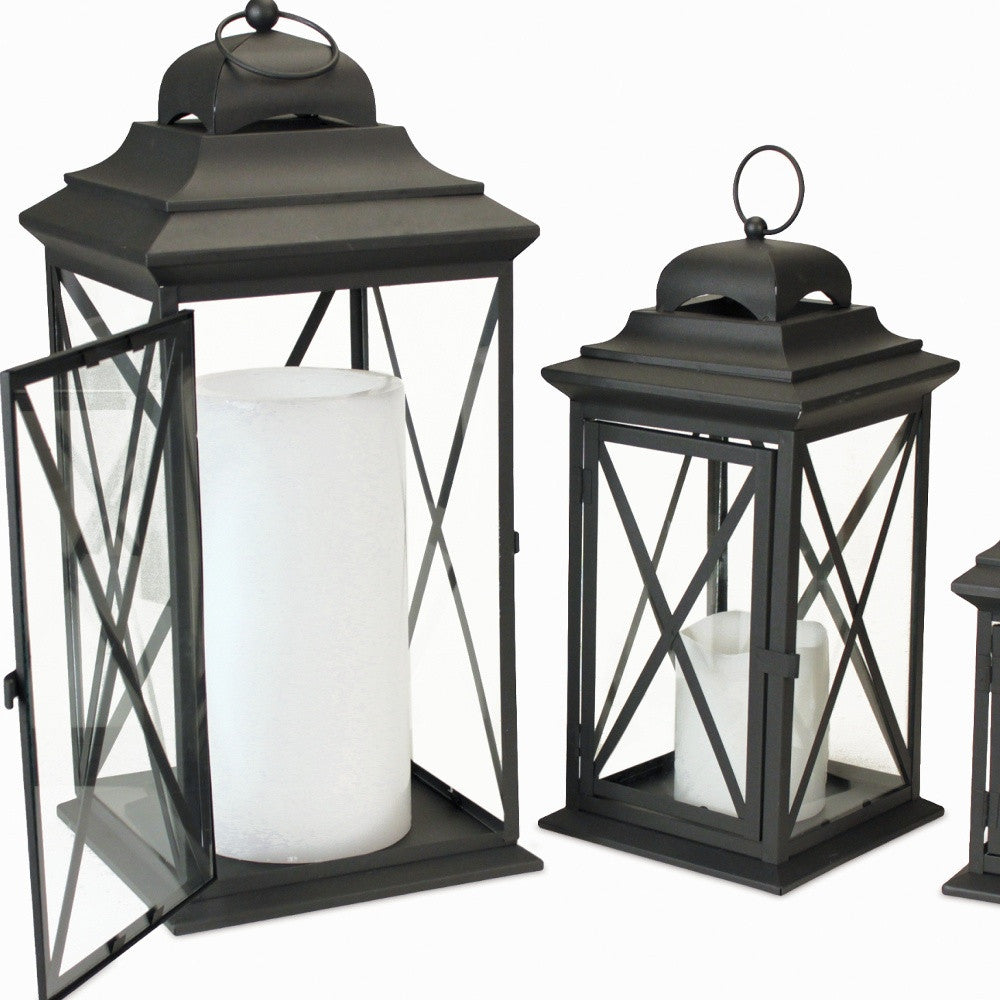 Set Of Three Black Flameless Floor Lantern Candle Holder