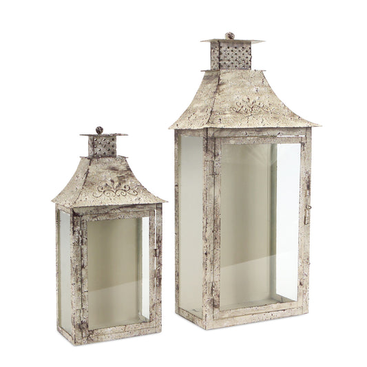 Set Of Two Beige Flameless Floor Lantern Candle Holder