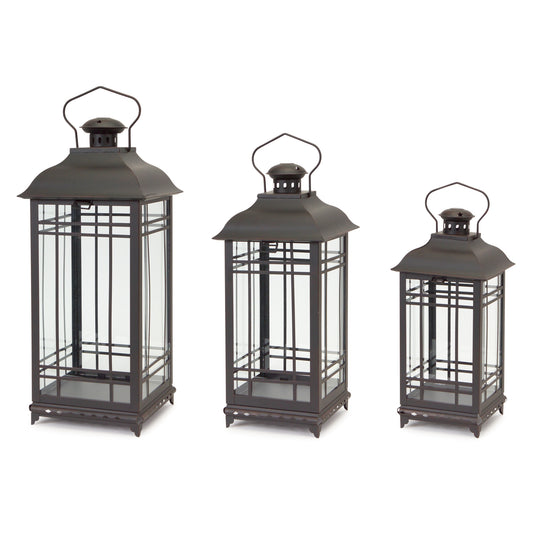 Set of Three Black Glass and Metal Geometric Floor Lantern Candle Holders