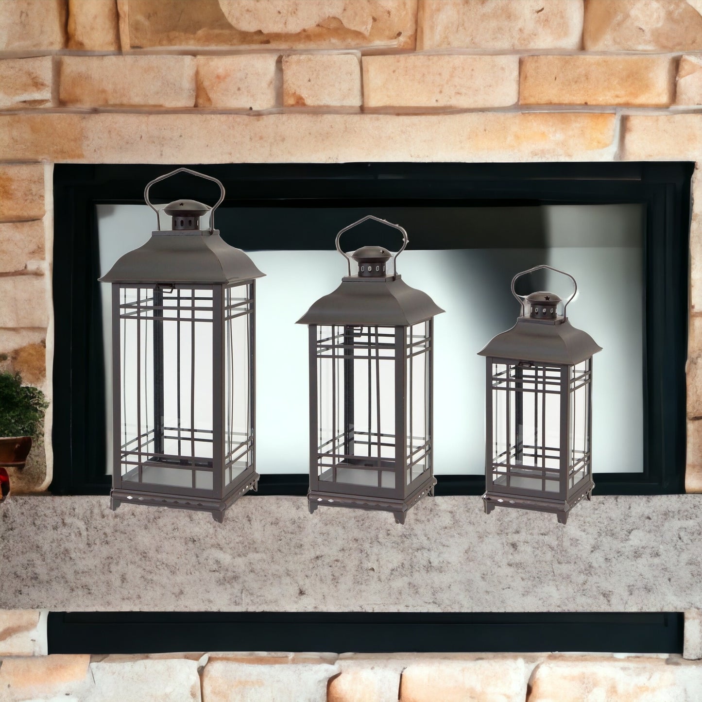 Set Of Three Black Flameless Floor Lantern Candle Holder