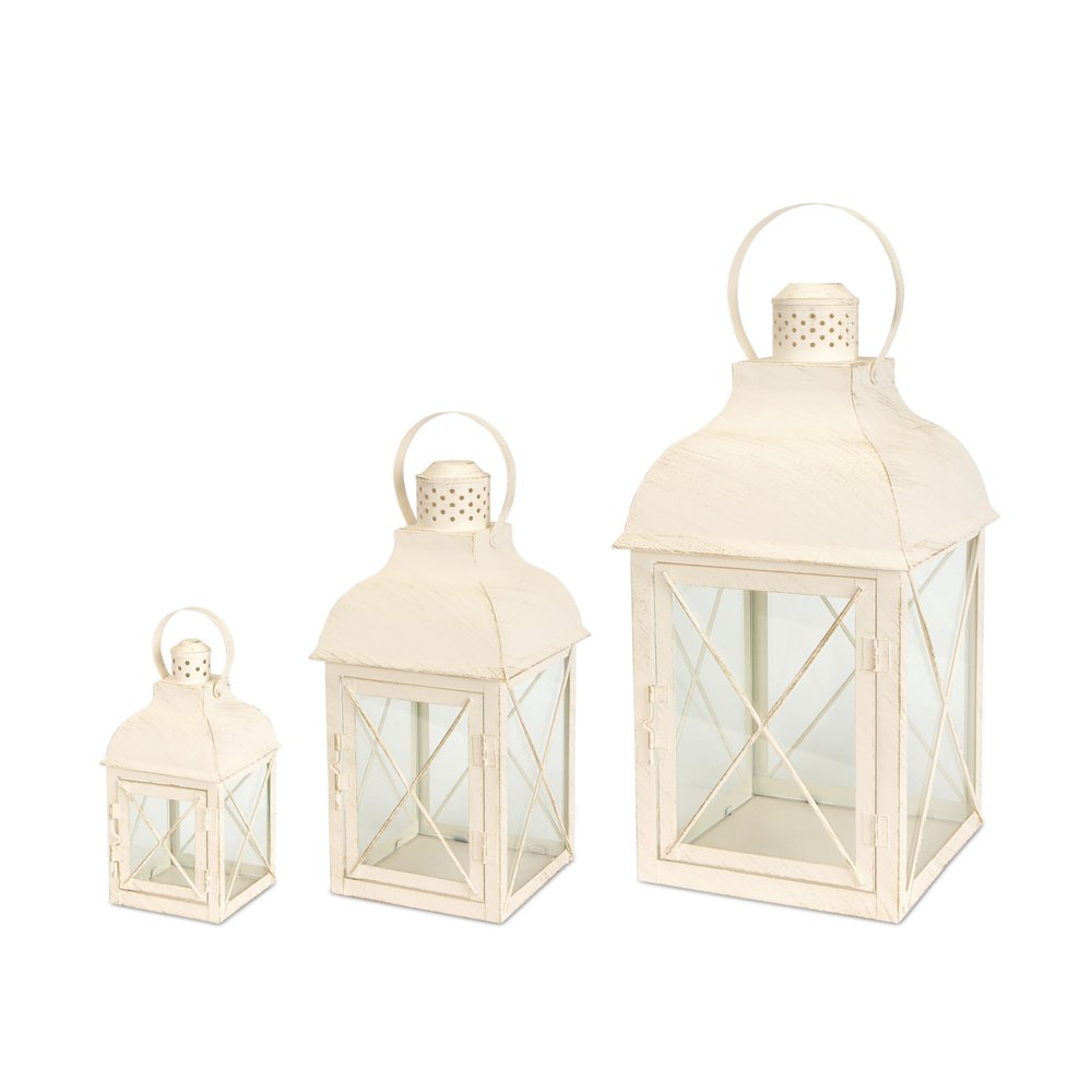 Set of Three Ivory Distressed Geometric Glass And Metal Floor Lantern Candle Holders