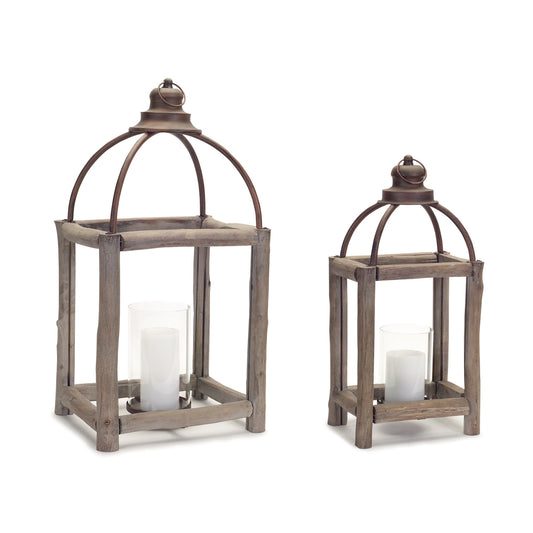 Set Of Two Gray Flameless Floor Lantern Candle Holder