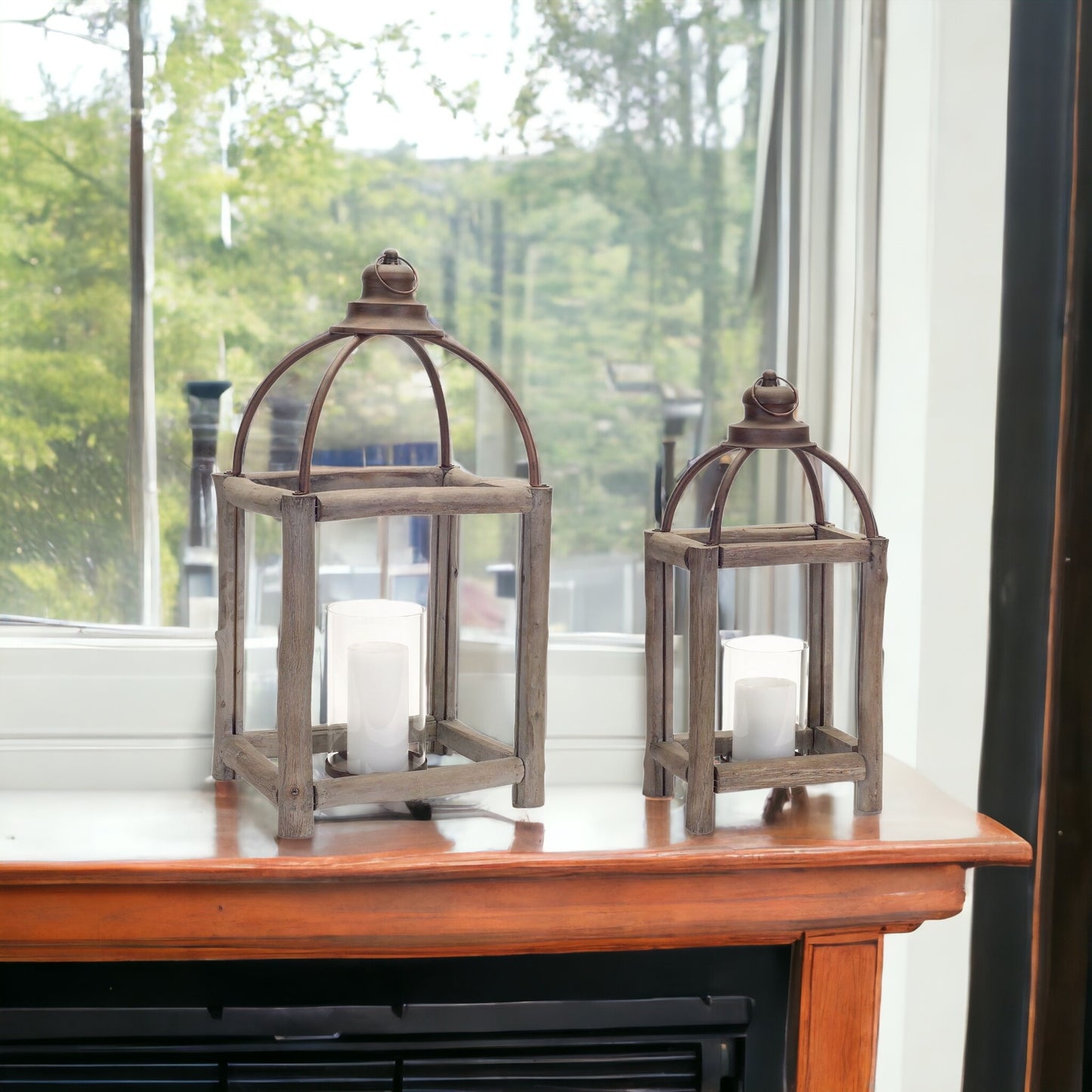 Set Of Two Gray Flameless Floor Lantern Candle Holder