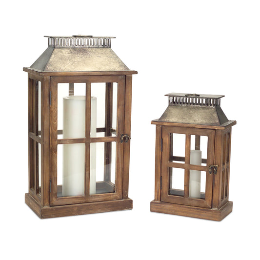 Set of Two Brown and Silver Wood and Metal Geometric Floor Lantern Candle Holders