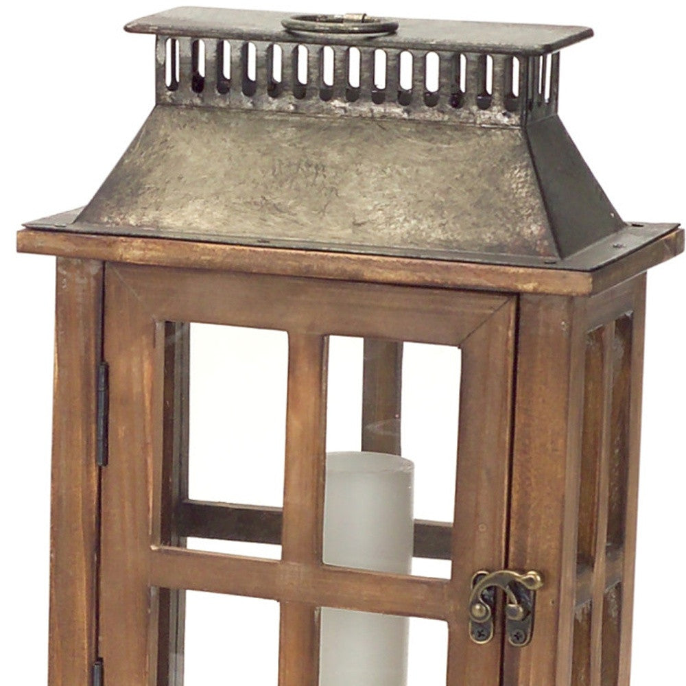 Set of Two Brown and Silver Wood and Metal Geometric Floor Lantern Candle Holders