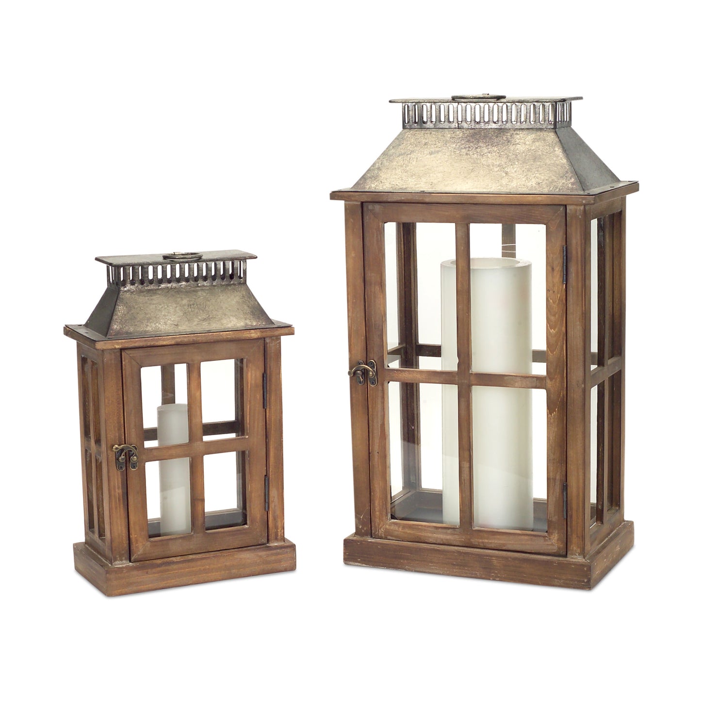 Set Of Two Brown Flameless Floor Lantern Candle Holder