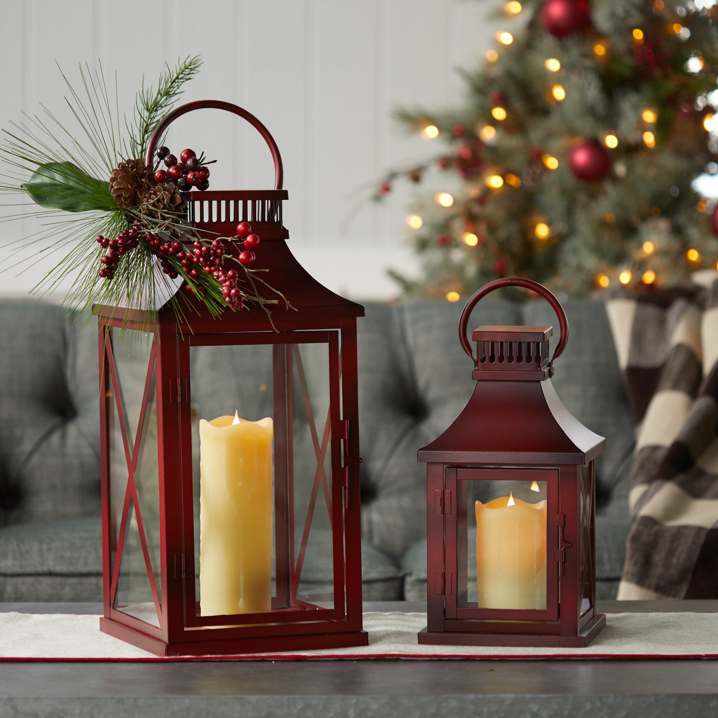 Set Of Two Red Flameless Floor Lantern Candle Holder