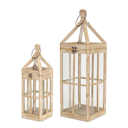 Set of Two Natural and Clear Wood and Glass Floor Lantern Candle Holders