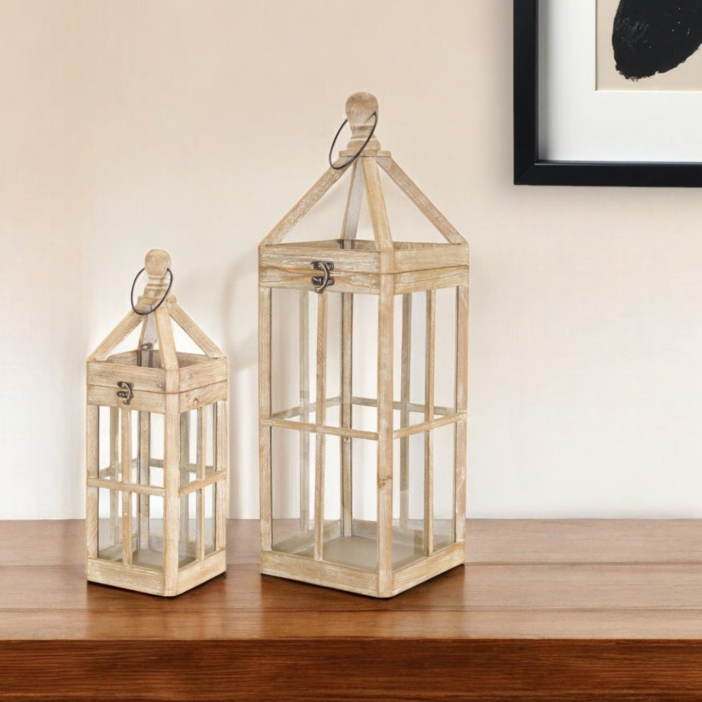 Set of Two Natural and Clear Wood and Glass Floor Lantern Candle Holders