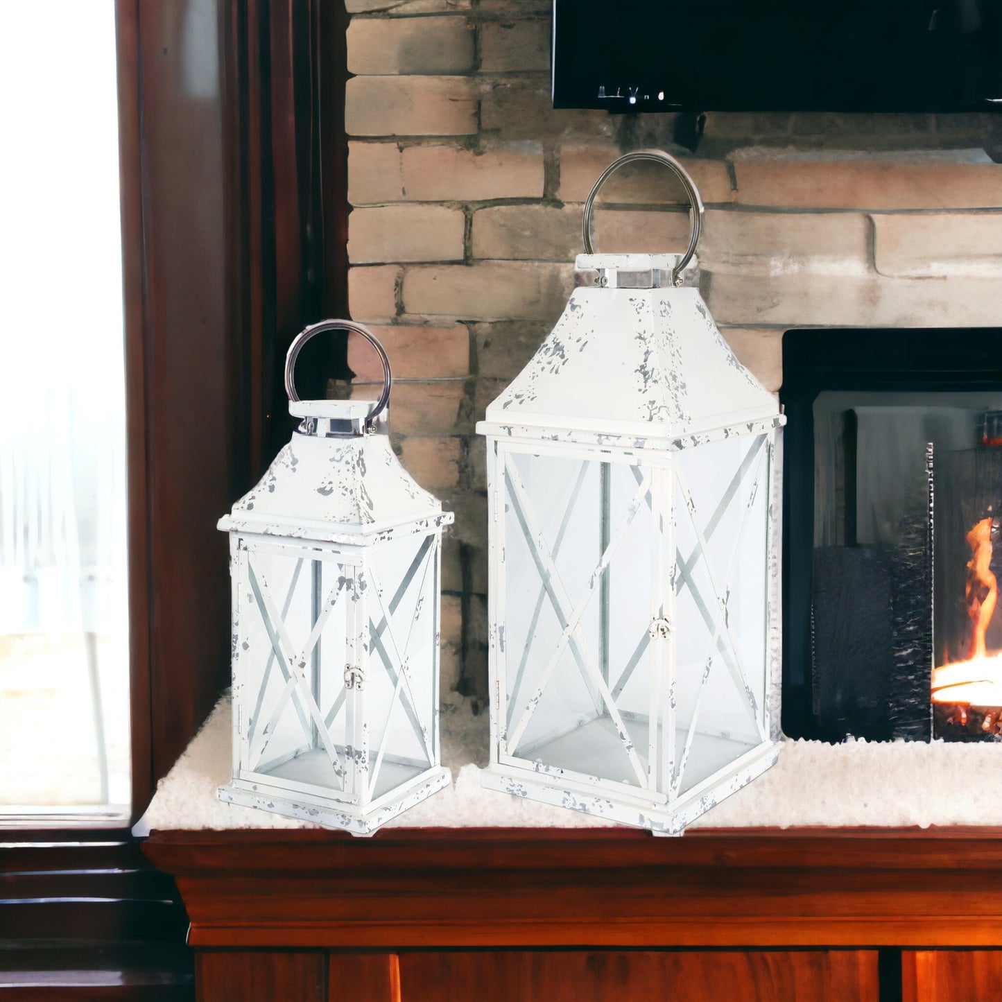 Set Of Two White Flameless Floor Lantern Candle Holder