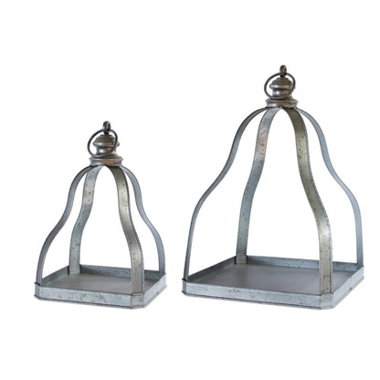 Set of Two Gray Distressed Galvanized Metal Tabletop Lantern Candle Holders