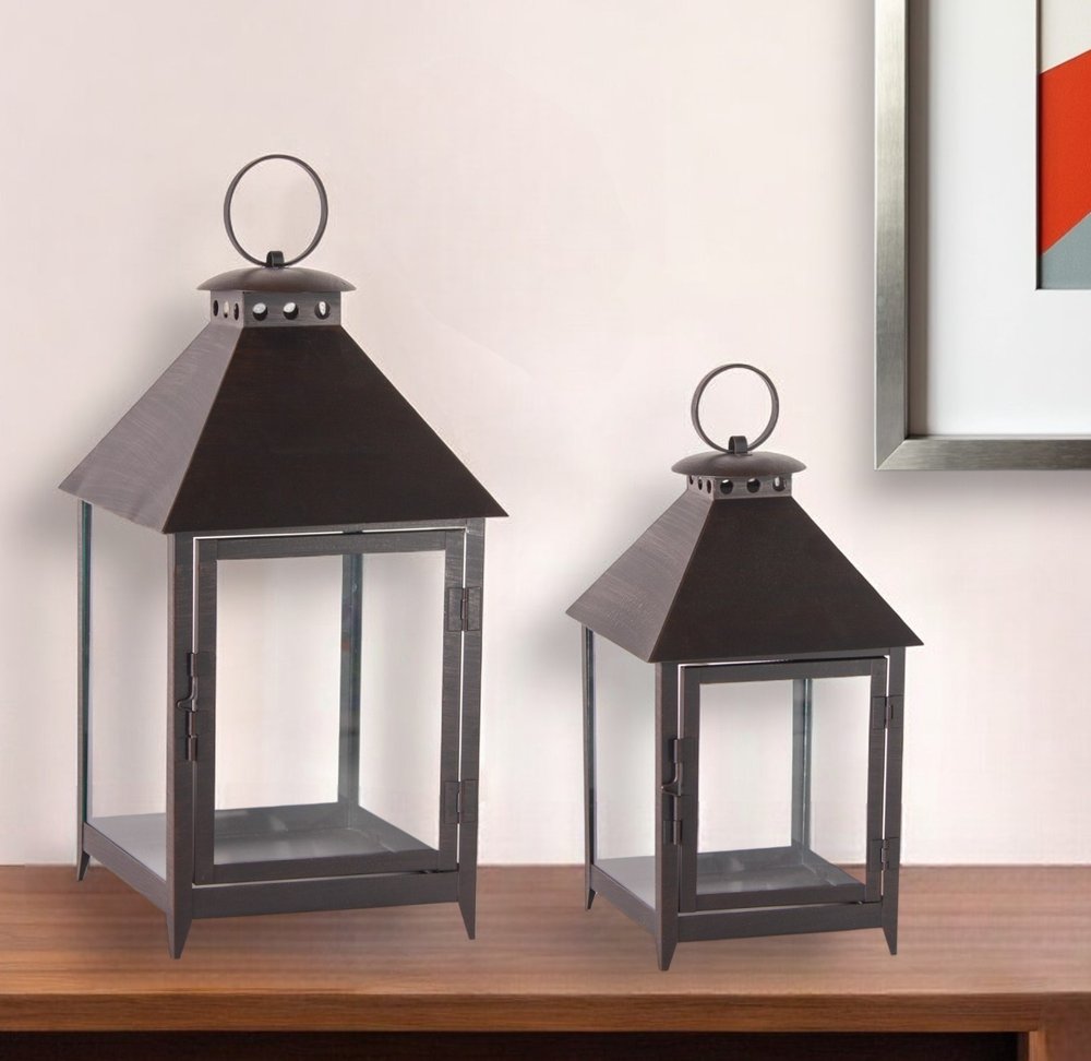 Set of Two Black Geometric Iron And Glass Floor Lantern Candle Holders