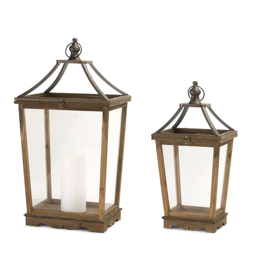 Set of Two Brown Wood and Metal Geometric Floor Lantern Candle Holders