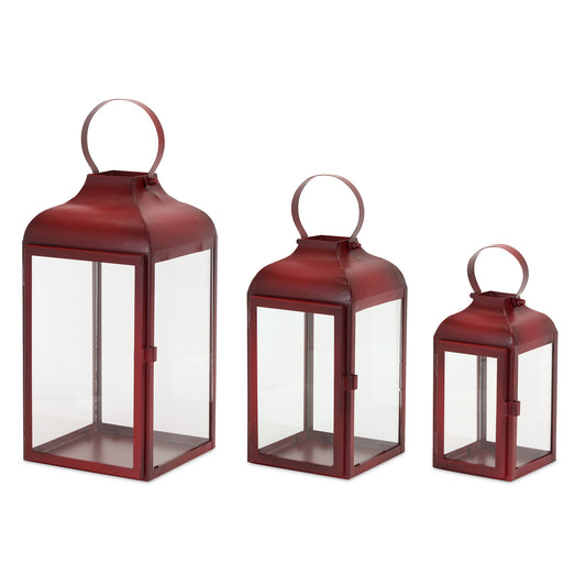 Set Of Two Red Flameless Floor Lantern Candle Holder