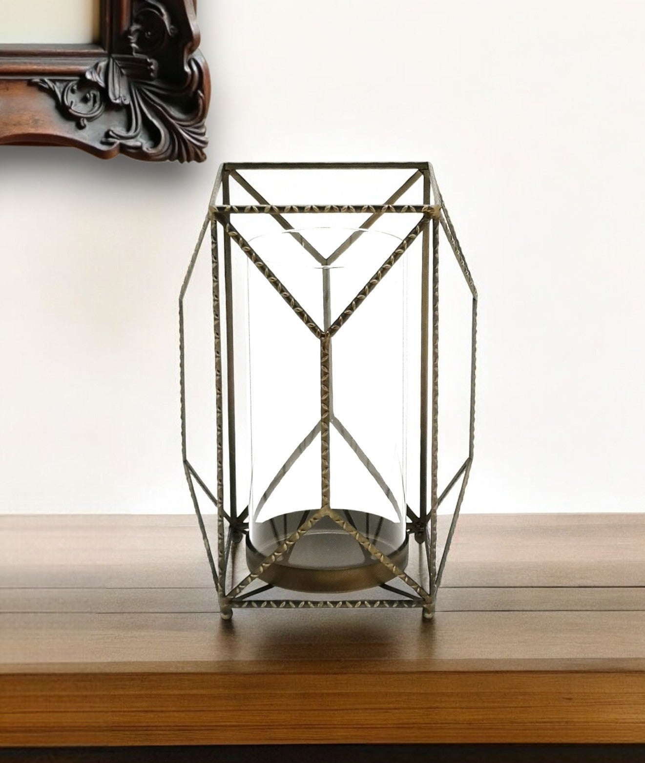 12" Gold Iron and Glass Geometric Floor Hurricane Candle Holder