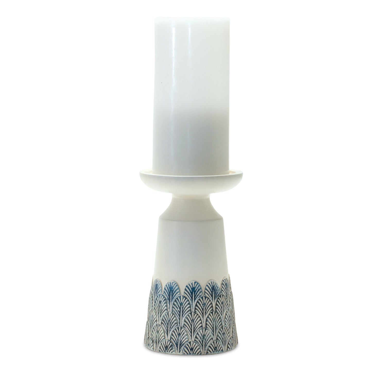 Set of Two White and Blue Tabletop Pillar Candle Holders