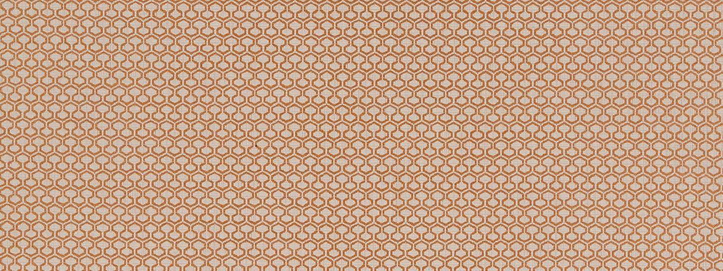 Tan fabric with a white interlocking loop geometric pattern, suitable for upholstery.