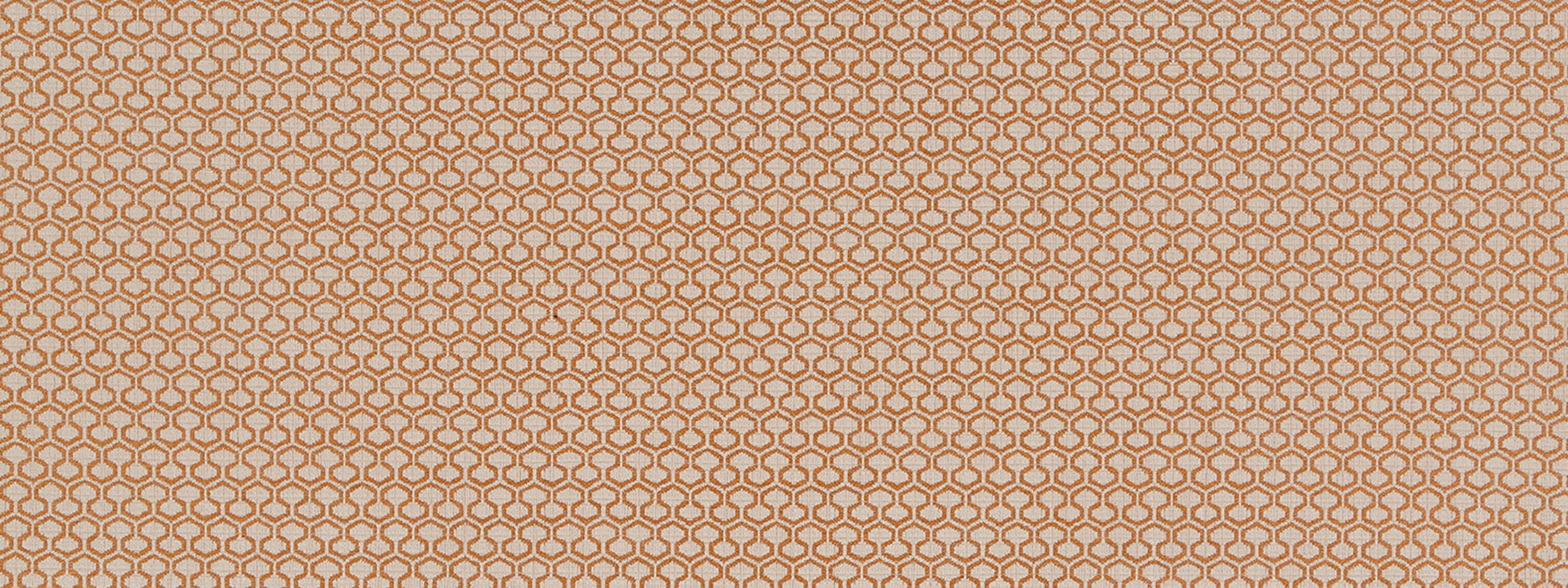Tan fabric with a white interlocking loop geometric pattern, suitable for upholstery.
