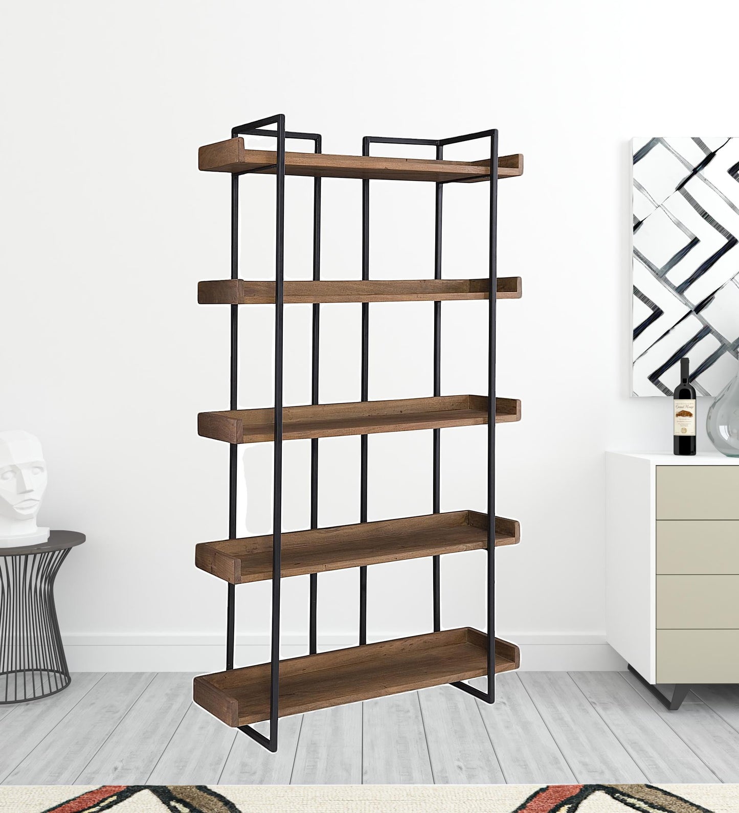 75" Brown and Black Metal and Wood Five Tier Bookcase