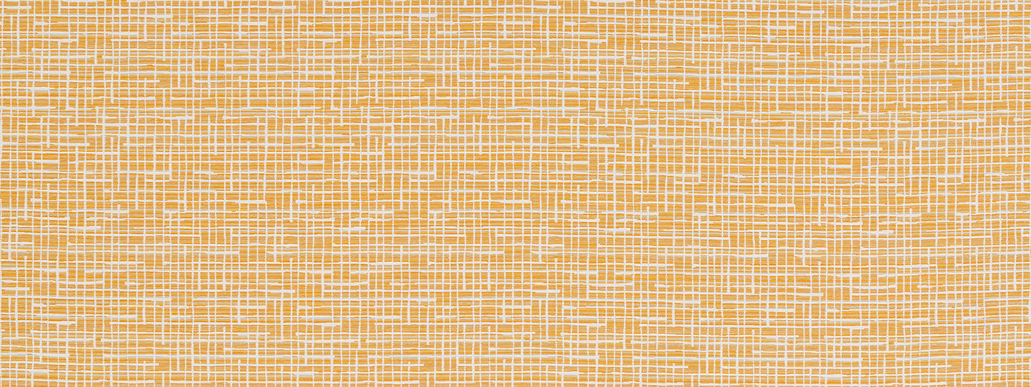 Warm beige woven fabric with linen texture & subtle orange crosshatch grid; ideal for upholstery or crafts.