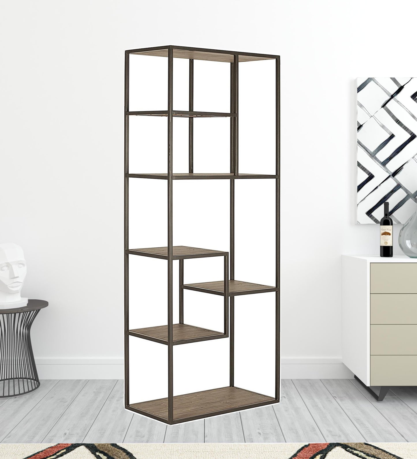 79" Brown Metal and Wood Seven Tier Bookcase