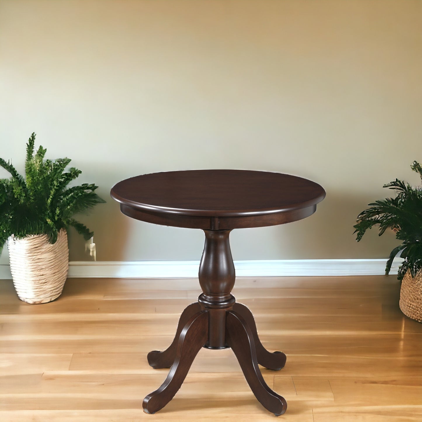 30" Espresso Rounded Solid Manufactured Wood And Solid Wood Pedestal Base Dining Table